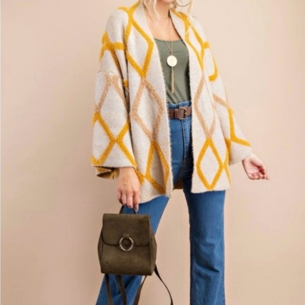 Open-Front Geometric Cardigan Sweater - Cream & Mustard